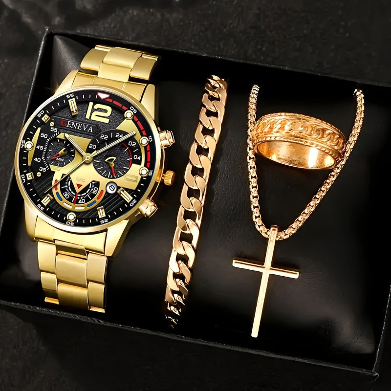 Men's 4-piece luxury stainless steel quartz watch with calendar, gold cross necklace, bracelet and ring