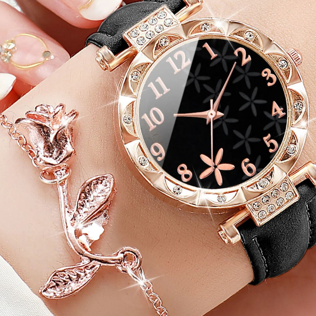 Minimalist quartz watch starfish belt+rose necklace, niche high-end temperament two-piece set