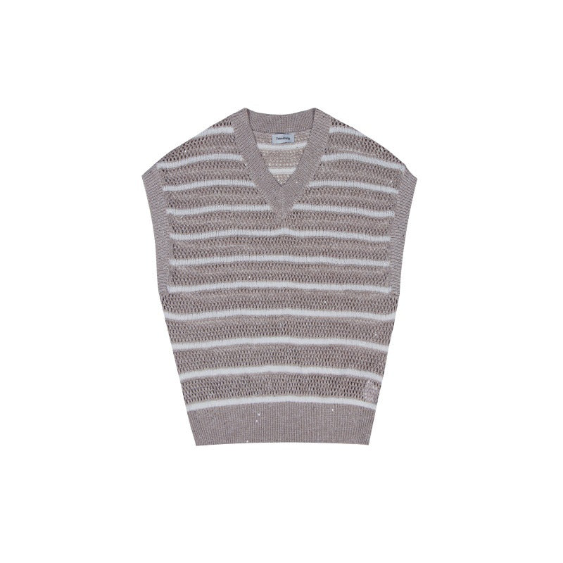 Striped knit blouse with V-neckline, sleeveless and beaded, in a blend of high-quality linen and cotton