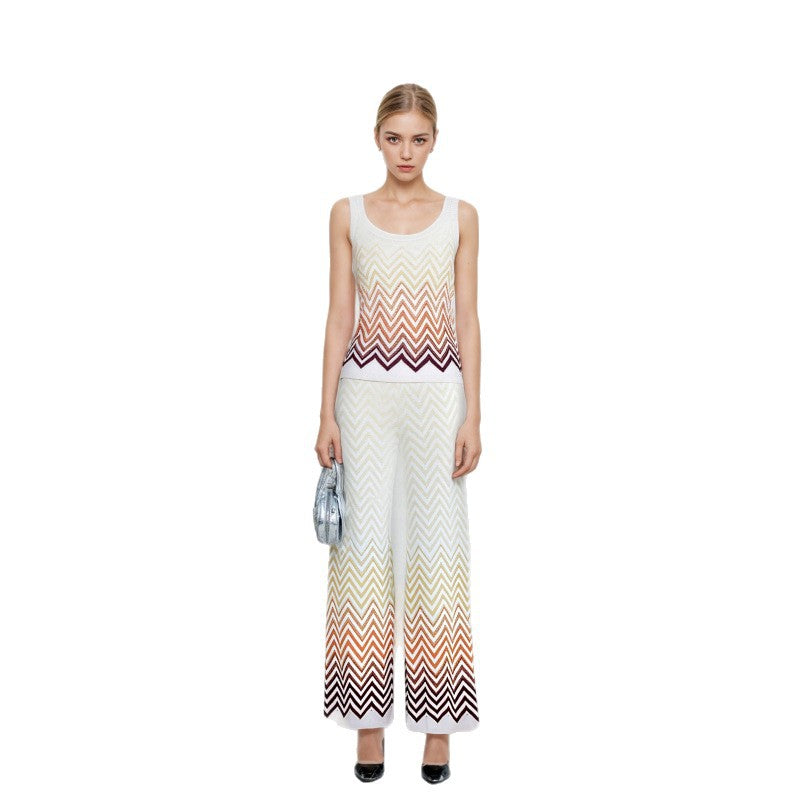 Italian knitwear set with wavy stripes, sleeveless, with high-waisted pants, high quality