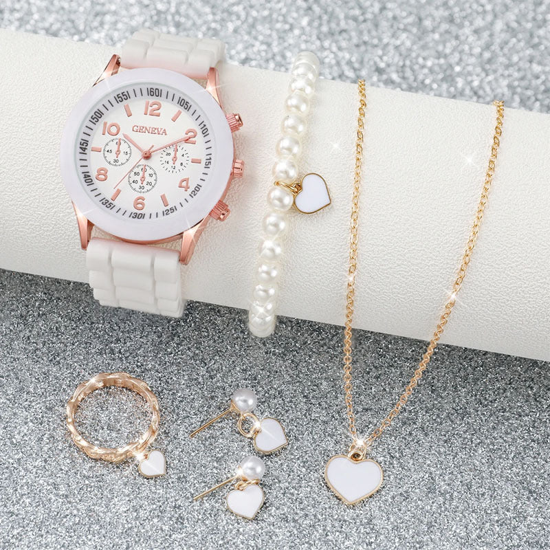 6PCS/Women's Watch Fashion Silicone Strap Quartz Watch Pearl Heart Jewelry Set (No Box)