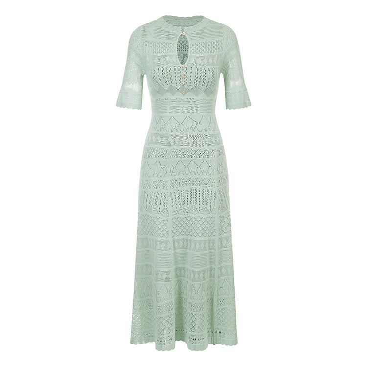 Elegant dress with round neckline, short sleeves, drawstrings, ribbing, and slim fit, made from high-quality long knit fabric