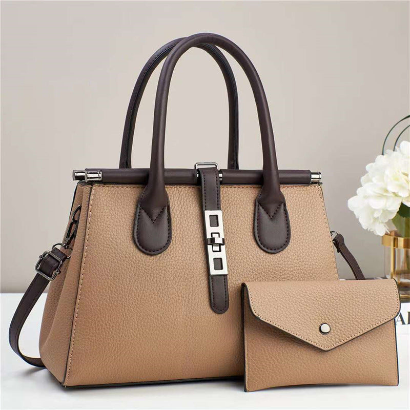 Trendy Bag 2025 New Color Contrasting Handbag Women's Lock Lock Design Texture Large Capacity Shoulder Bag Two Piece Set