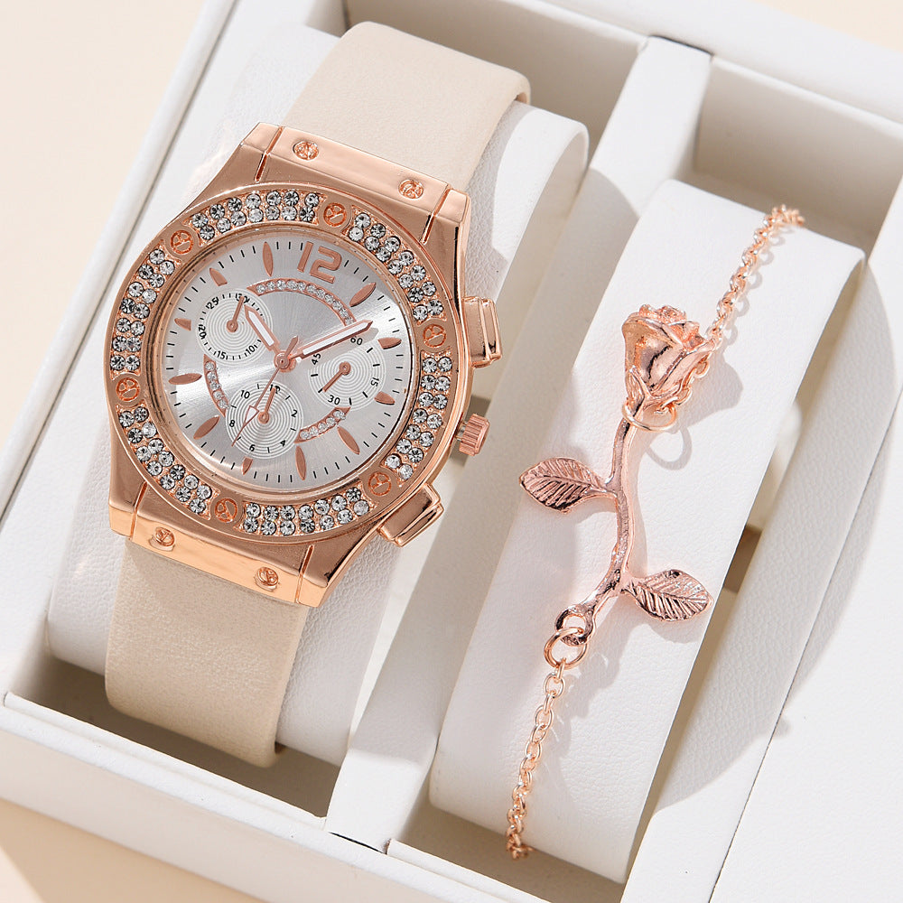 Cross border Korean version diamond studded fashionable PU watch strap watch simple watch bracelet two-piece set wholesale watch women's trend