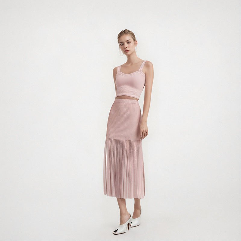 Elegant crop top set with drawstrings and lace embroidery, paired with a matching skirt, high quality