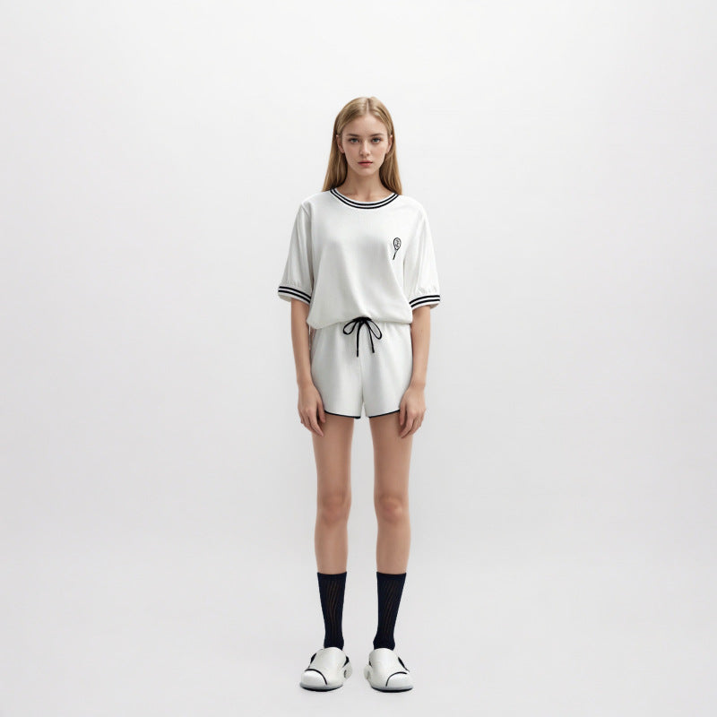 White Tencel knit set with round neckline, short sleeves, and high-quality high-waisted shorts