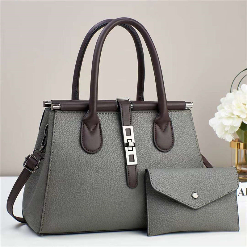 Trendy Bag 2025 New Color Contrasting Handbag Women's Lock Lock Design Texture Large Capacity Shoulder Bag Two Piece Set