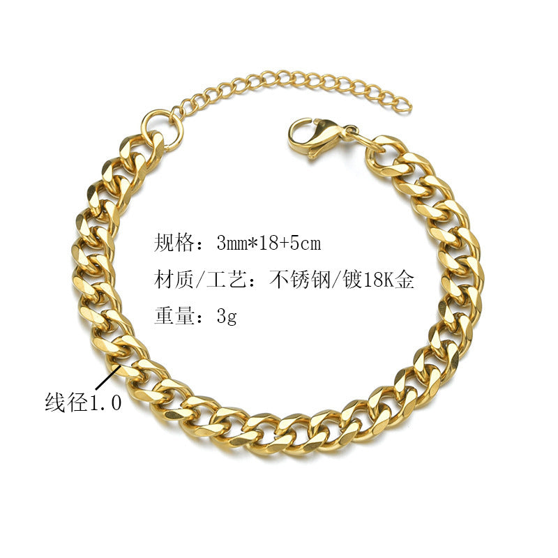 Stainless Steel Six Side Grinding Bracelet Hot Sale Cross Border Male Fashion Simple Cuban Bracelet Gold Plated 18K Titanium Steel Bracelet