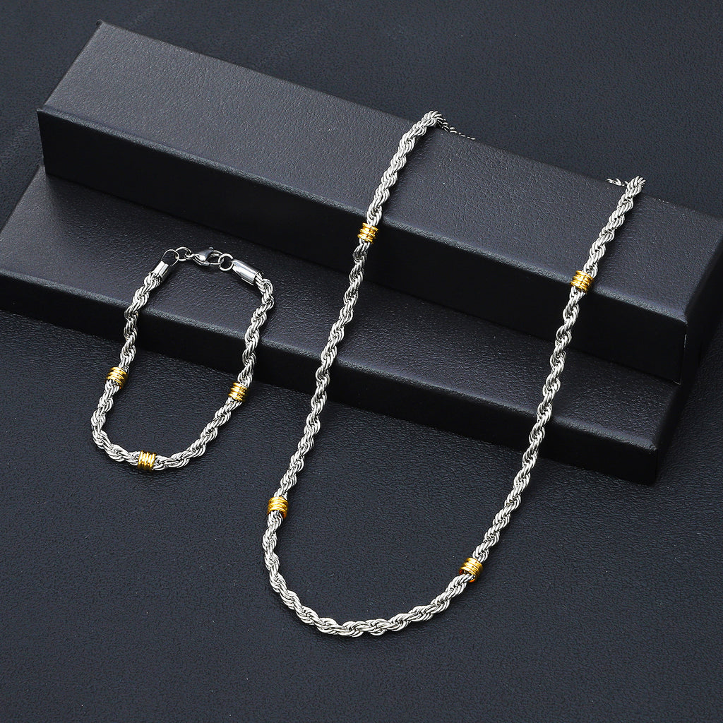 Cross border stainless steel Fried Dough Twists chain string gold bead necklace titanium steel long necklace men's simple 5.0mm Fried Dough Twists bracelet