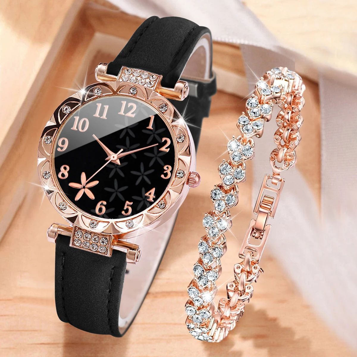 Cross border hot selling women's black starfish pattern dial women's watch ins style fashionable women's quartz watch+bracelet