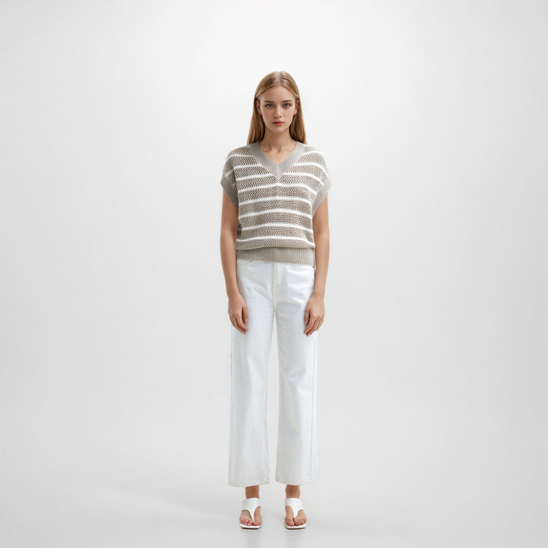 Striped knit blouse with V-neckline, sleeveless and beaded, in a blend of high-quality linen and cotton