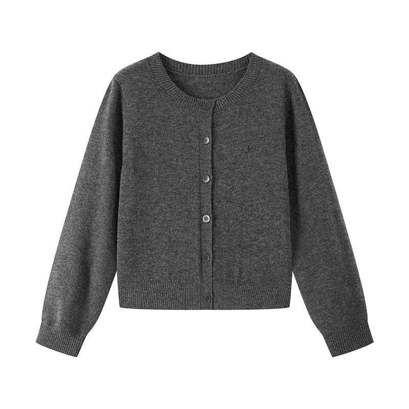 Stylish gray cardigan with round neckline, long sleeves made of cashmere wool with high-quality simple buttons