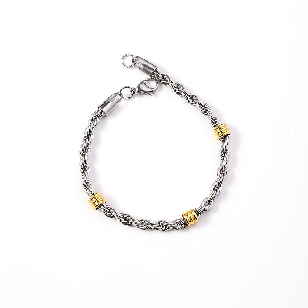 Cross border stainless steel Fried Dough Twists chain string gold bead necklace titanium steel long necklace men's simple 5.0mm Fried Dough Twists bracelet