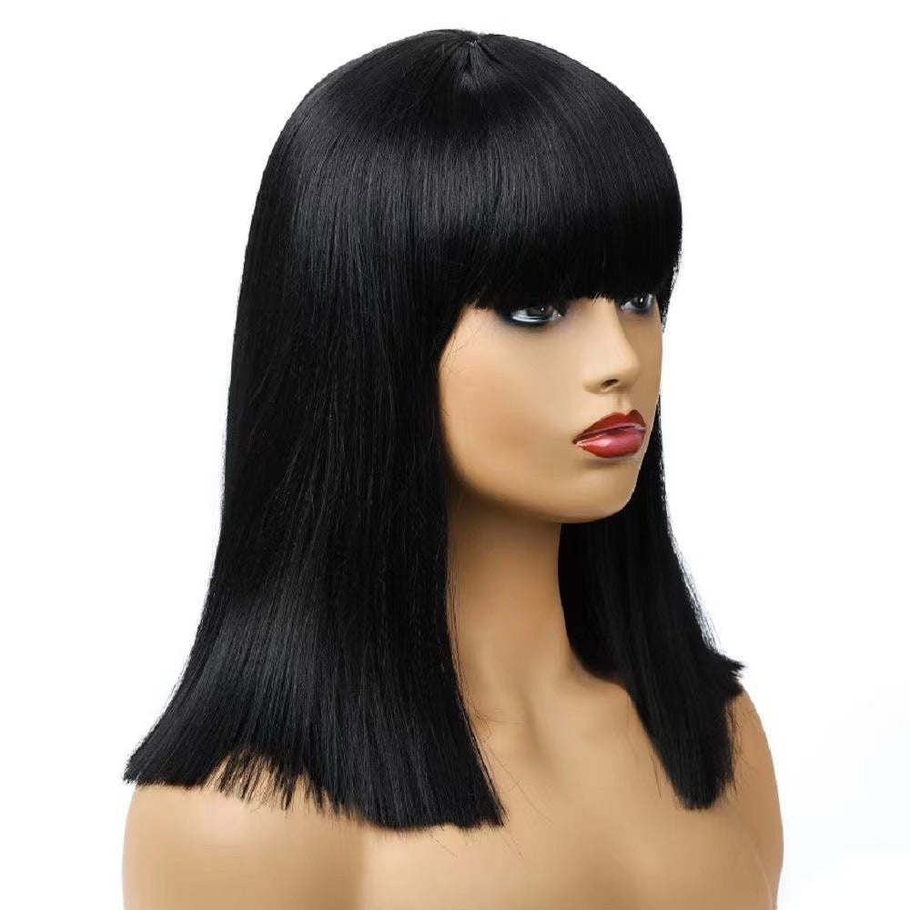 European and American wig with bangs, black short straight hair, synthetic high-temperature silk, rose mesh head cover manufacturer, spot wholesale