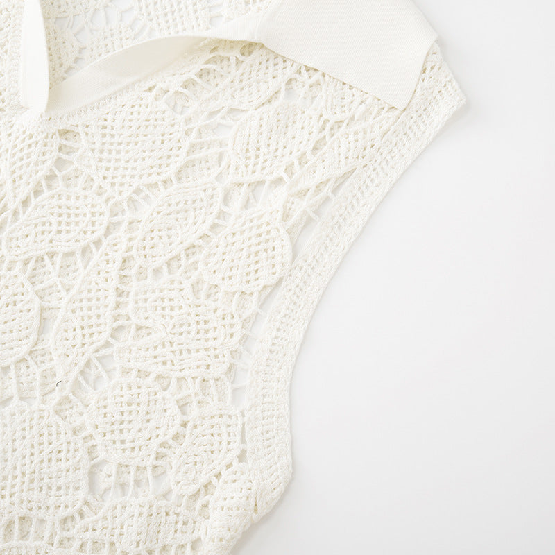 White sleeveless polo neck blouse, cotton blend, crochet-style knit with opening, high quality