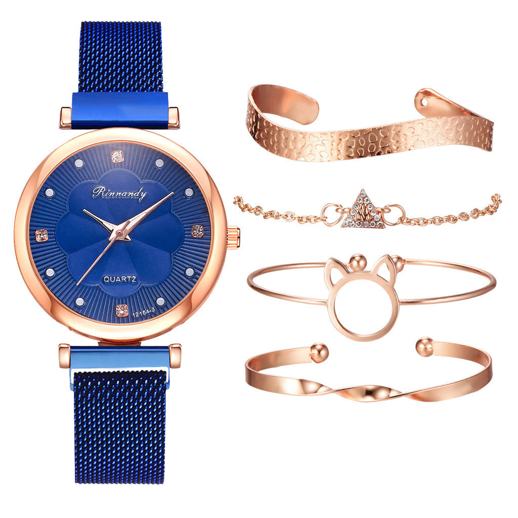 5pcs/set women's fashionable and simple mesh belt magnet quartz watch+bracelet set quartz watch