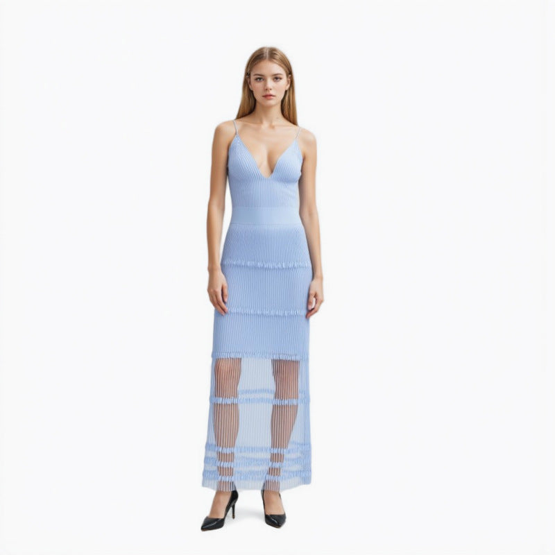 Elegant light blue sleeveless dress with V-neckline and A-line cut, made from high-quality knit fabric