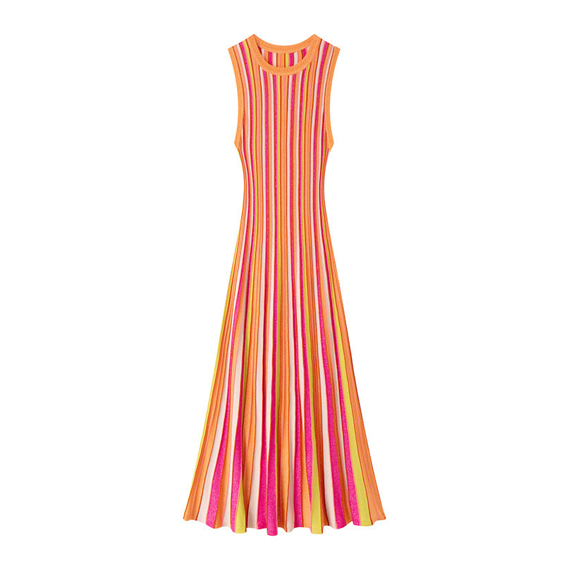 Elegant, fitted, sleeveless, mid-length, striped dress made from high-quality knit fabric