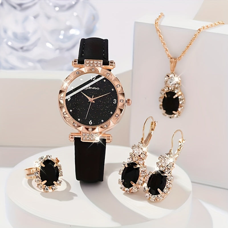 Ladies' watches, fashionable diamond studded starry sky watches, temperament frosted quartz watches, niche light luxury shaking explosive belt set