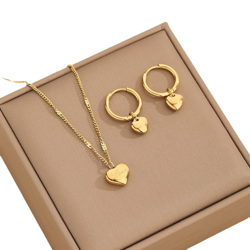 Korean version of love earrings, cold wind girl, small circle girl, gold titanium steel, non-faded circle necklace earrings set