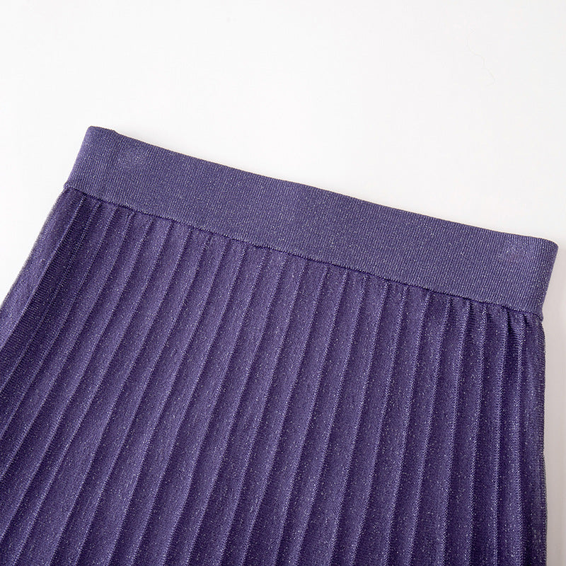 Stylish purple high-waisted skirt in stretch knit fabric, high-quality midi skirt
