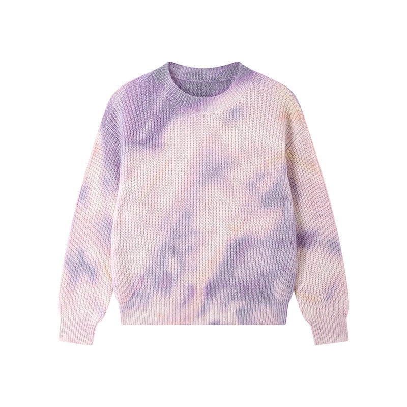 Elegant purple sweater with round neck and long sleeves in high-quality dyed alpaca wool knit with knot