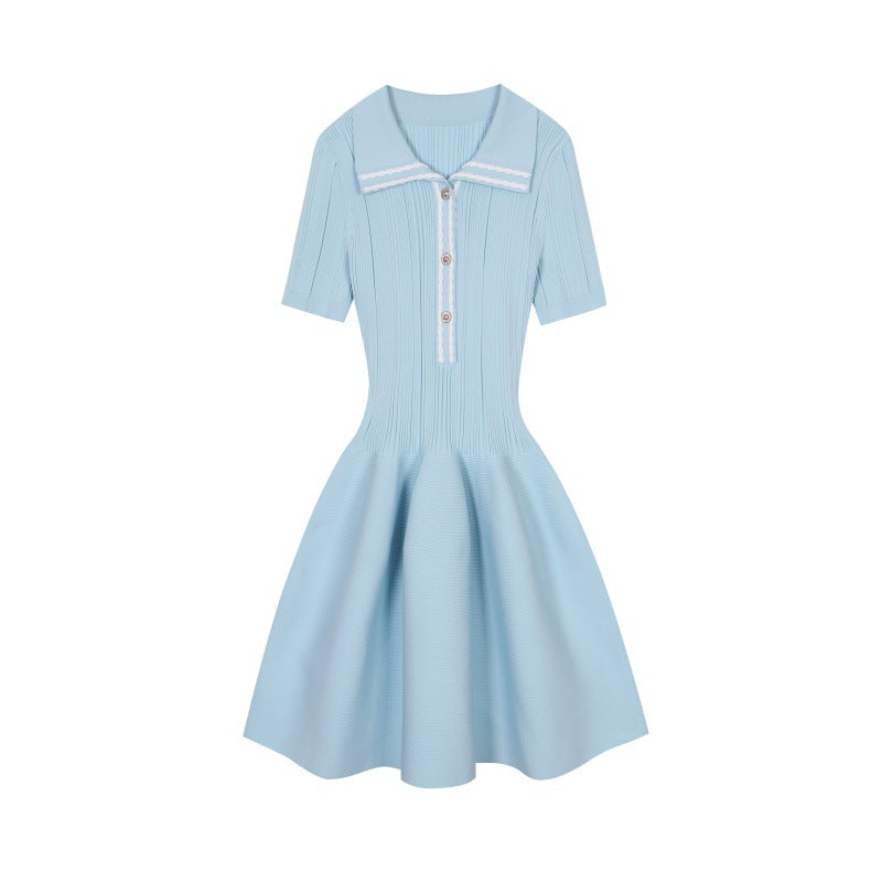 Elegant light blue knit dress with collar, short sleeves, A-line cut, fitted waist, and buttons, high quality