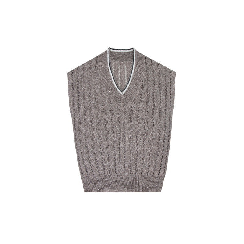 Elegant, high-quality sleeveless linen knit pullover with V-neckline