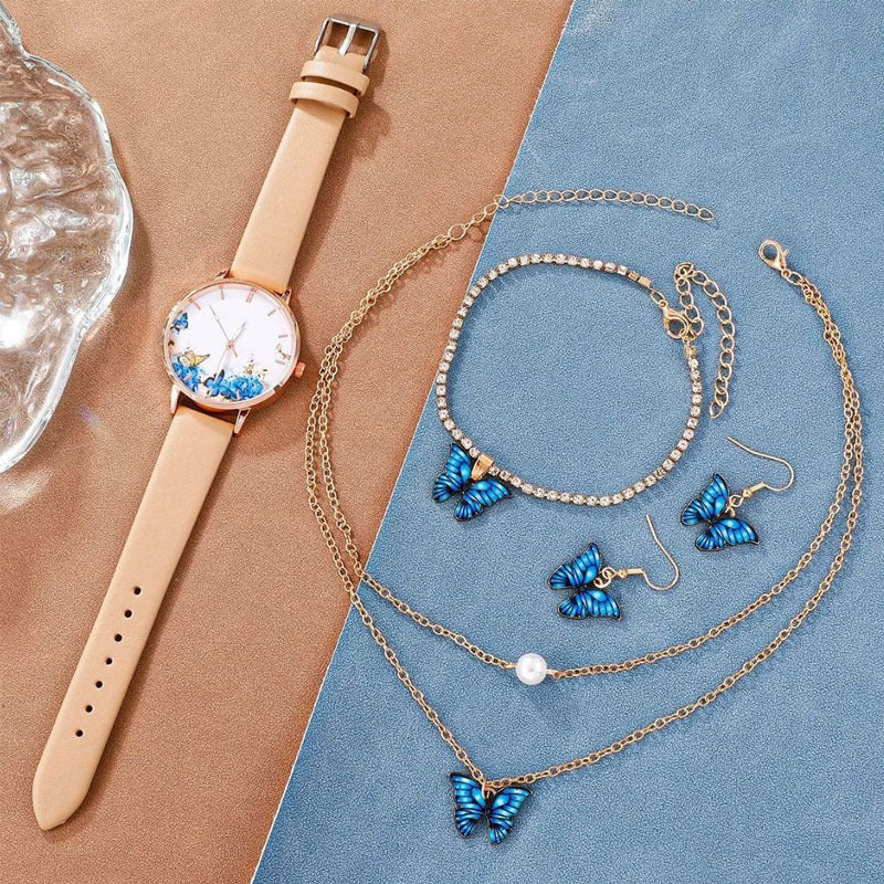 5pcs/set versatile niche explosive fashion butterfly women's belt watch set