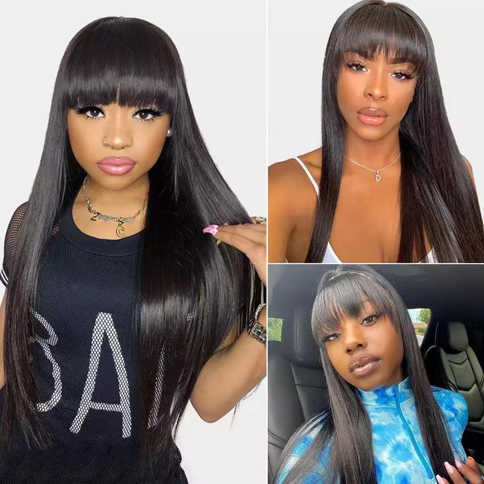 European and American new long straight hair, high-temperature silk, synthetic fiber mechanism headband, fashionable bangs, black long straight hair wholesale