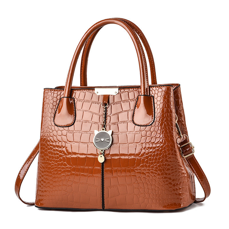 Foreign Trade Women's Bag 2025 New Texture Bright Leather Crocodile Pattern Large Capacity Handbag Trendy Fashion Western Mom Bag