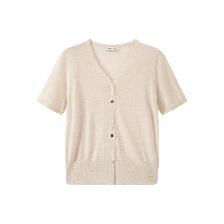 Lightweight wool and linen knit sweater with V-neck, short sleeves, and high-quality buttons
