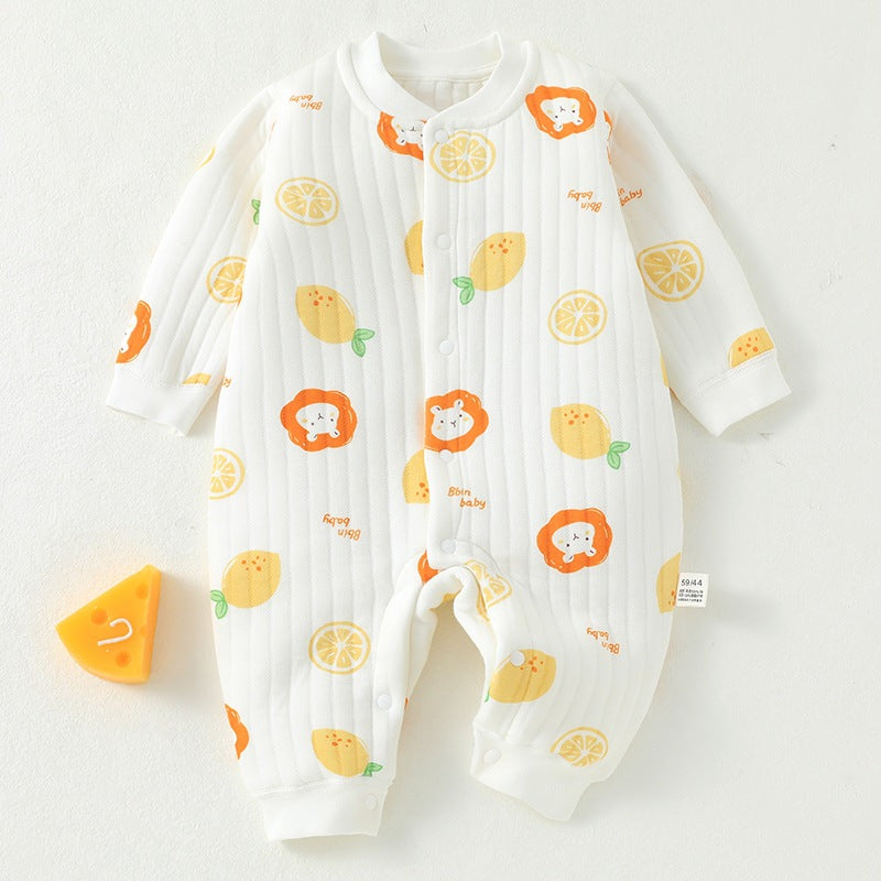 Baby jumpsuit with three layers of warm and thick newborn clothes made of pure cotton for autumn and winter, baby clothes, underwear, crawling clothes