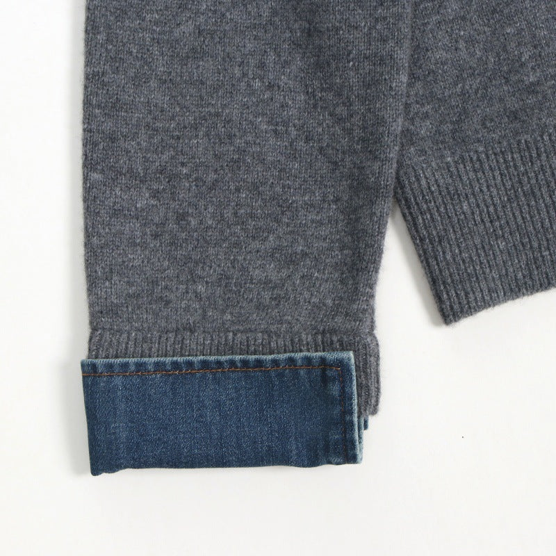 Stylish sweater with gray collar, 100% wool High-quality patchwork