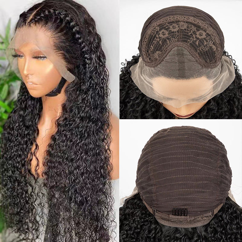 European and American women's wig front lace black long small curly hair African cross-border fashion mid split high temperature silk corn perm