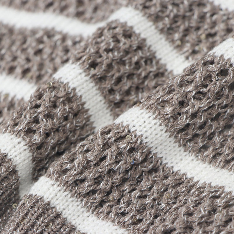 Striped knit shirt with high collar, sleeveless, made of linen and cotton with zipper