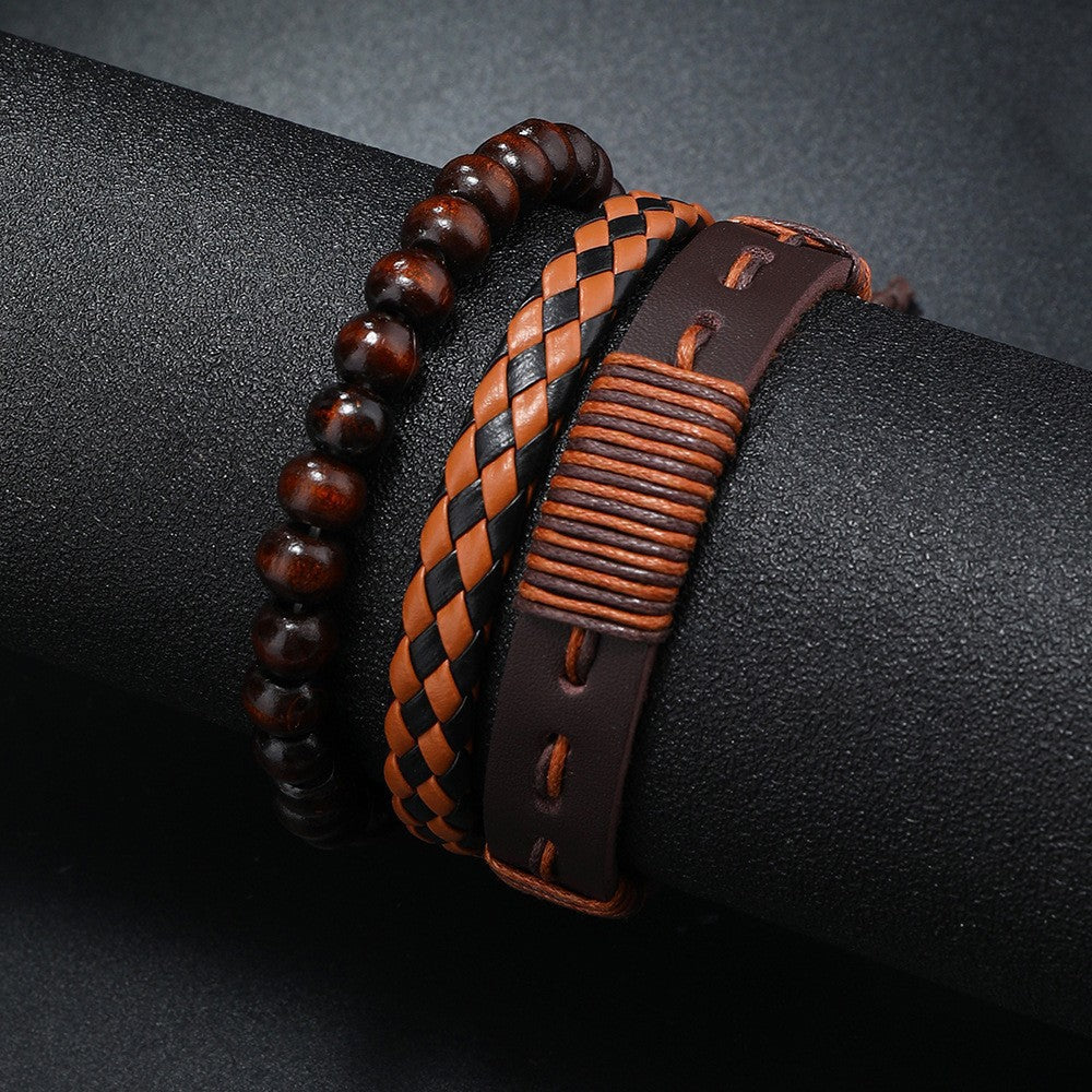 Men's quartz casual two eyed PU leather watch fashionable and versatile quartz business watch set+woven bracelet