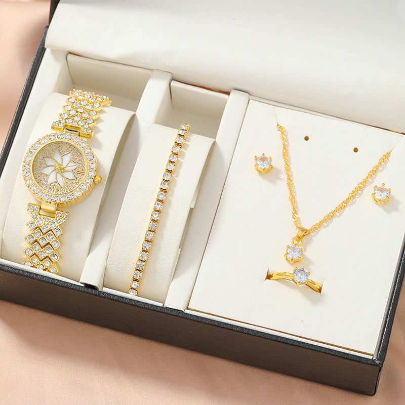 Cross border hot selling women's luxury full diamond compact five piece accessory set gift box versatile fashion quartz wrist watch