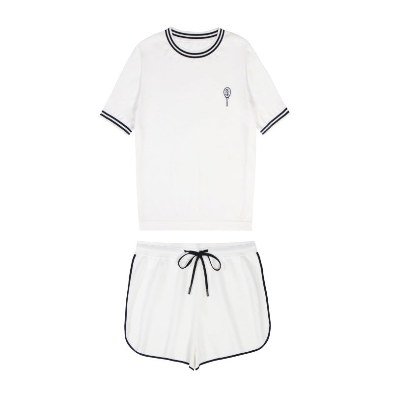 White Tencel knit set with round neckline, short sleeves, and high-quality high-waisted shorts