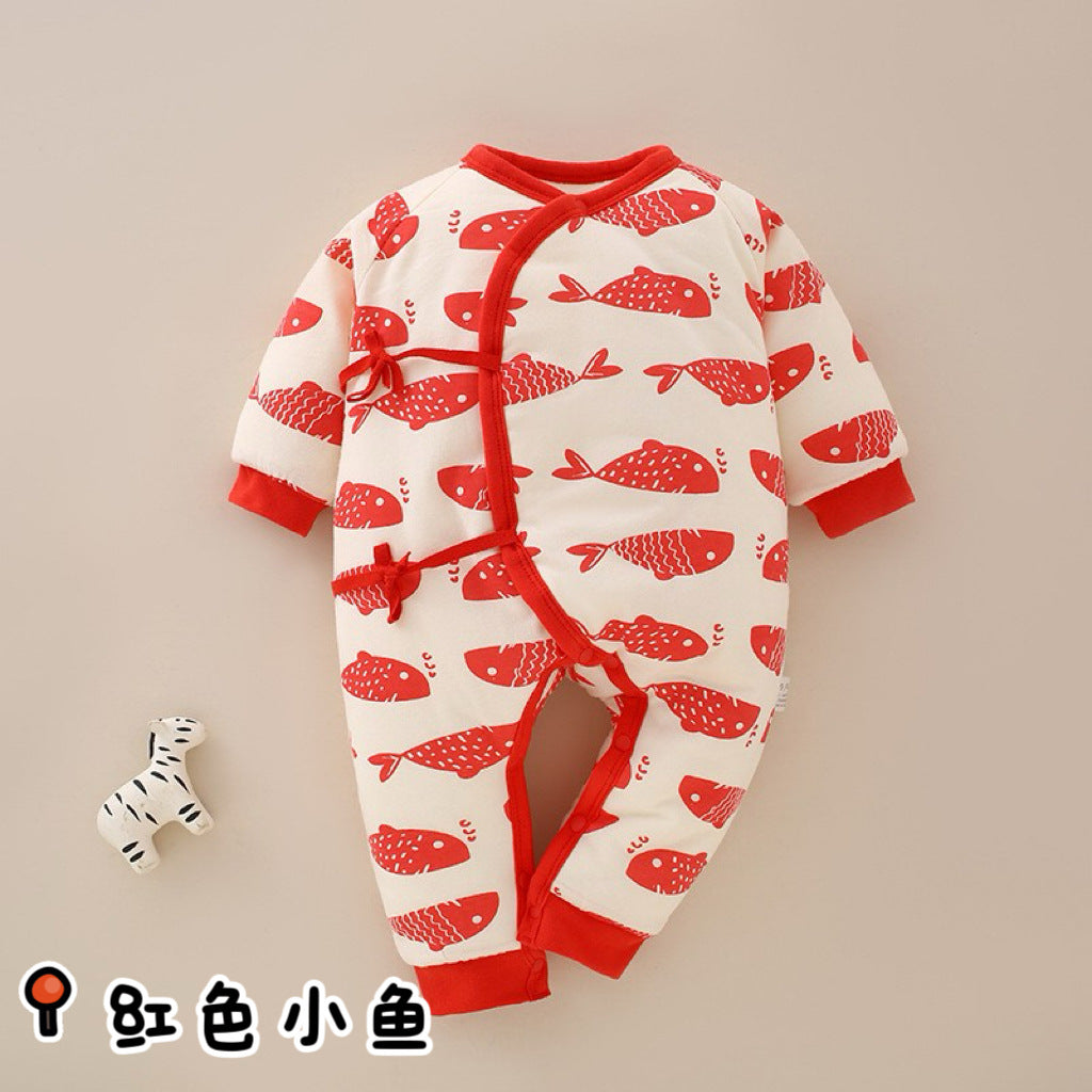 Winter baby lace up jumpsuit warm newborn clothes 0-3 baby pure cotton thick clip cotton clothes butterfly clothes