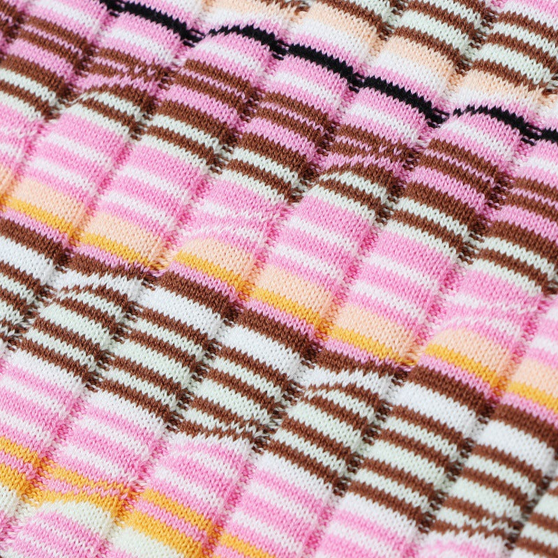 Sophisticated Italian fashion dress in striped cotton and tencel knit, sleeveless, round neckline, and mid-length