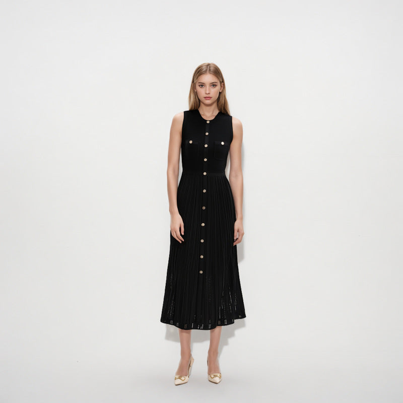 Classic knit dress with drawstrings, round neckline, and high-quality sleeveless design