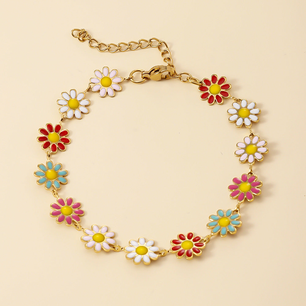 Stainless steel colorful sunflower bracelet cross-border daisy drip oil adjustable high-end feeling plated 18K gold titanium steel bracelet