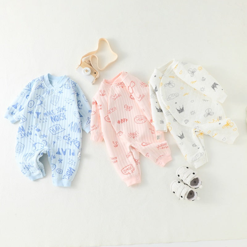 Baby three-layer warm jumpsuit newborn clothes pure cotton A-class baby autumn and winter warm clothes jumpsuit crawling clothes