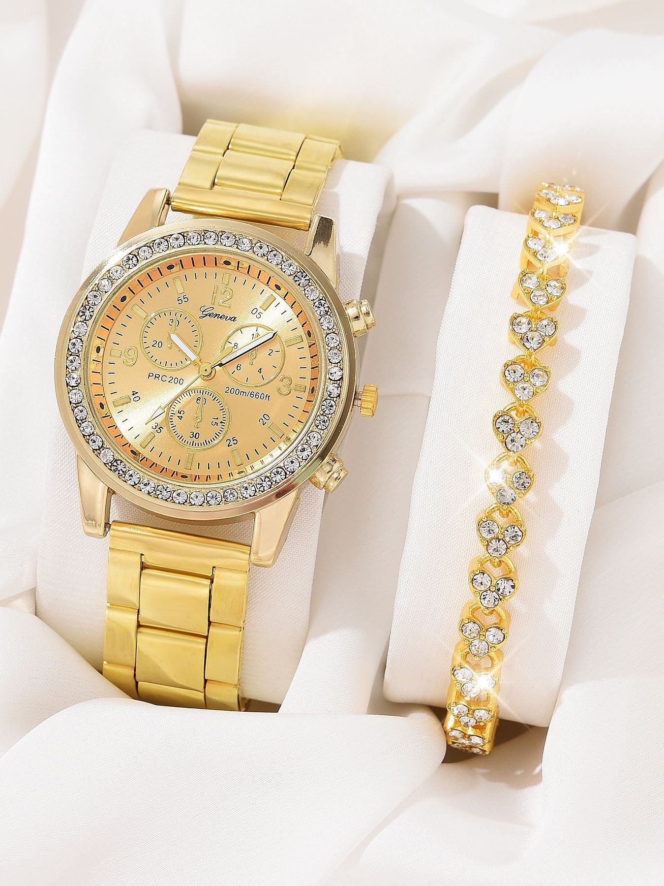 Foreign trade steel strip women's watch Geneva fake three eyed women's casual Korean necklace bracelet ring quartz watch set