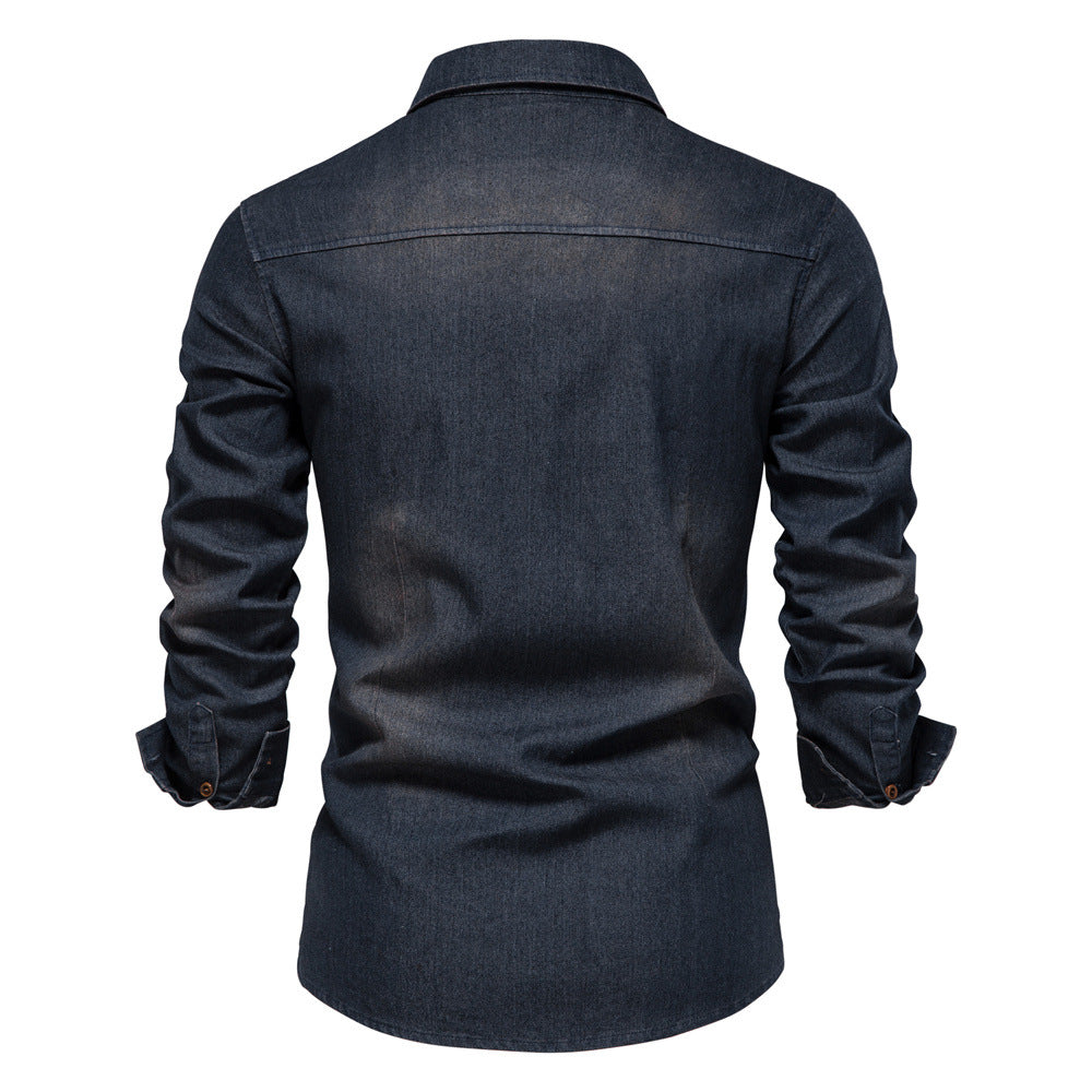 Men's Casual Solid Color Long Sleeve Denim Shirt Non-Ironing
