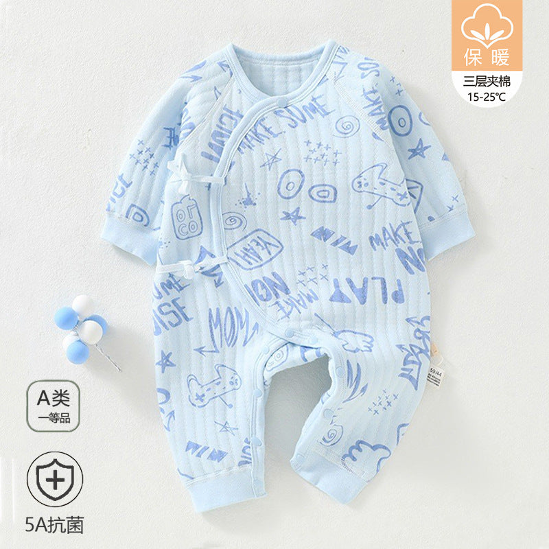 Newborn three-layer warm jumpsuit for autumn and winter, thickened initial baby clothes, pure cotton A-class baby clothes, butterfly clothes