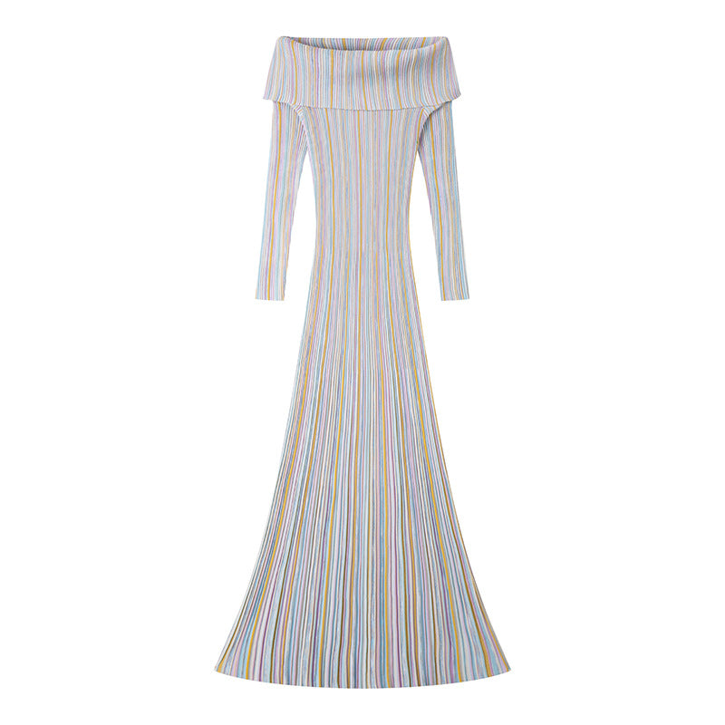 Elegant dress with off-the-shoulder top, long sleeves, colorful stripes, and mid-length in high-quality knit fabric