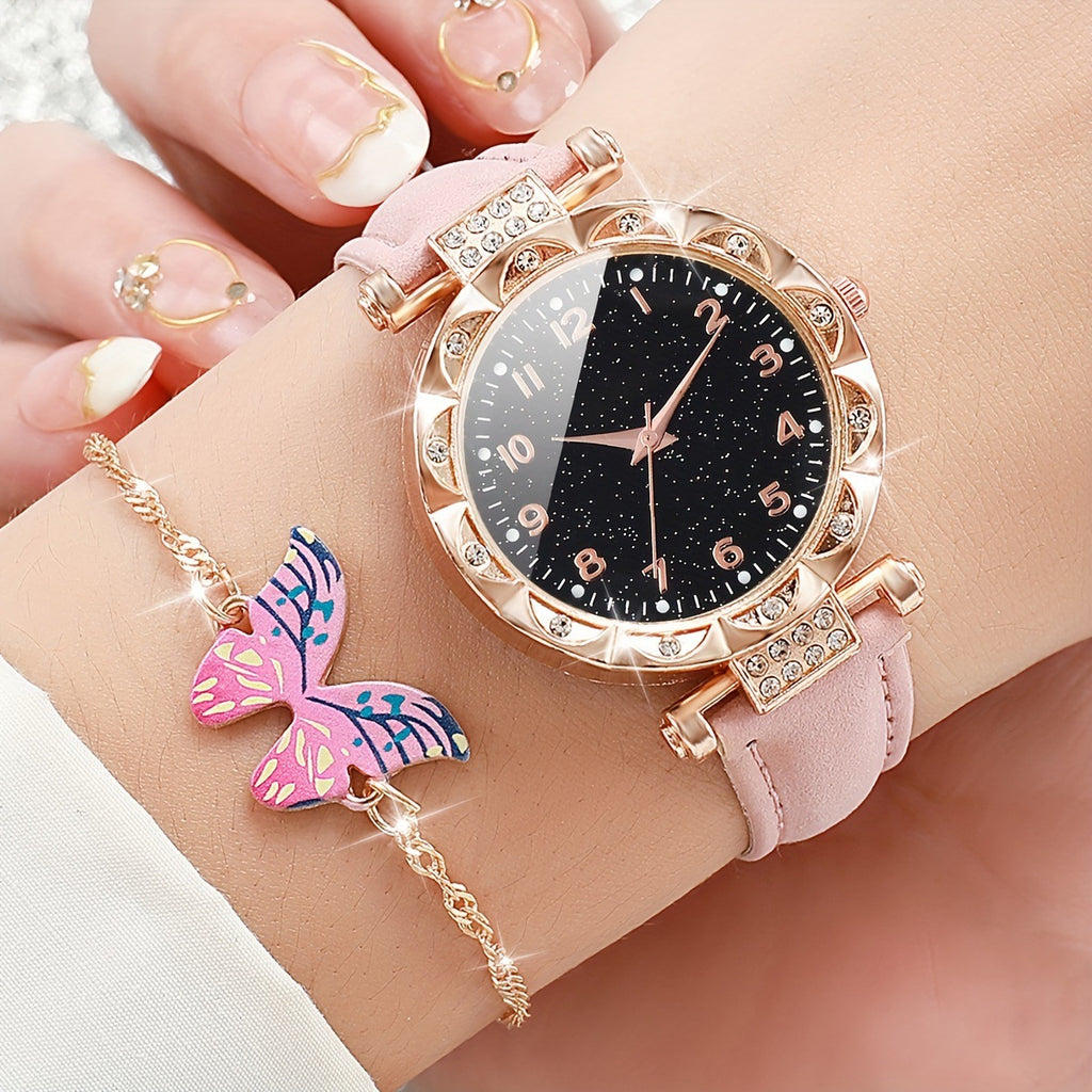 Live streaming new women's Korean version high-end quartz watch simple classic imitation leather strap watch set for women