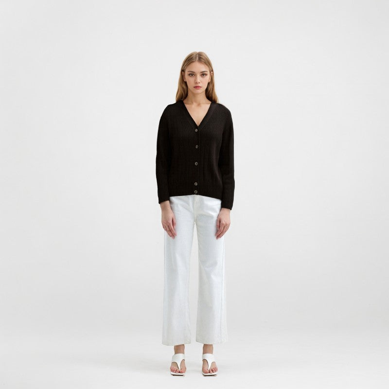 High-quality cashmere wool cardigan with V-neck, long sleeves, and simple buttons